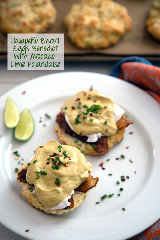 Jalapeño Biscuit Eggs Benedict with Avocado Lime Hollandaise -- The best brunch ever | wearenotmartha.com