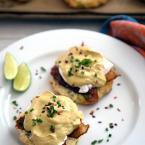 Jalapeño Biscuit Eggs Benedict with Avocado Lime Hollandaise -- The best brunch ever | wearenotmartha.com