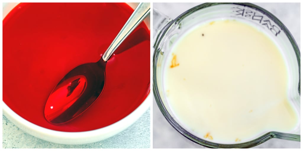 Collage showing process for making candy cane jello shot mixtures, including red jello layer mixture in a bowl and white jello layer mixture in a bowl.