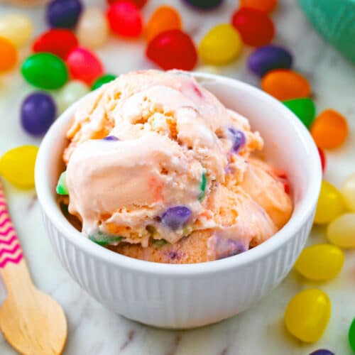 Closeup view of a bowl of jelly bean ice cream.