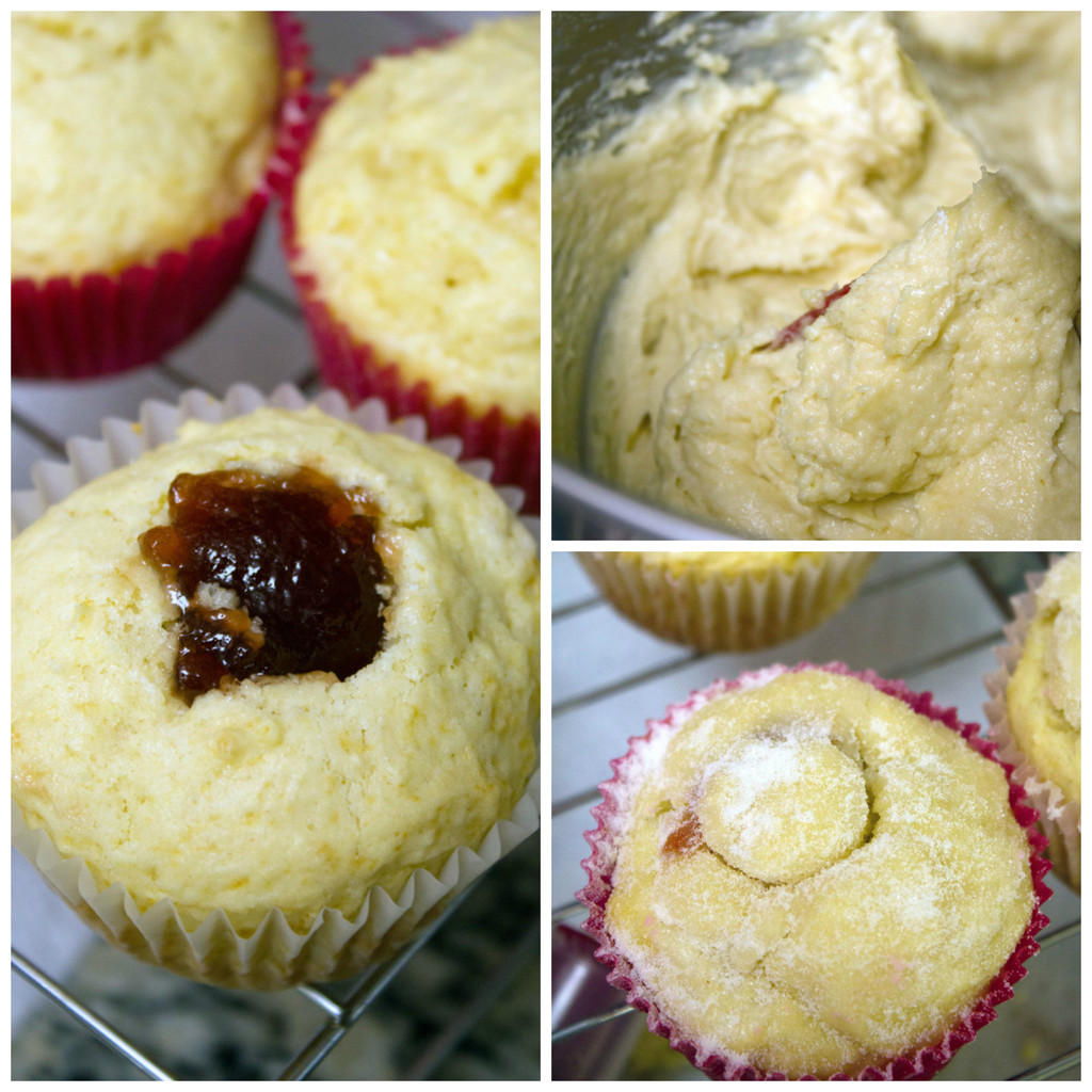 Collage showing process for making jelly doughnut cupcakes, including batter in mixing bowl, cupcakes filled with jelly, and cupcakes with tops placed back on and powdered sugar sprinkled over the top