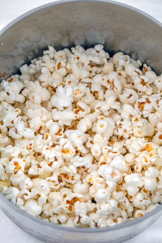 Overhead view of popcorn popped in saucepan