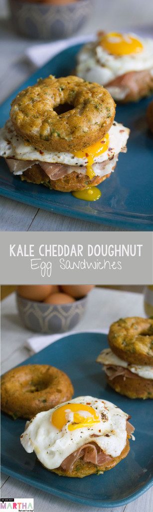 Kale Cheddar Doughnut Egg Sandwiches -- Eggs and prosciutto sandwiched between two savory doughnuts | wearenotmartha.com 