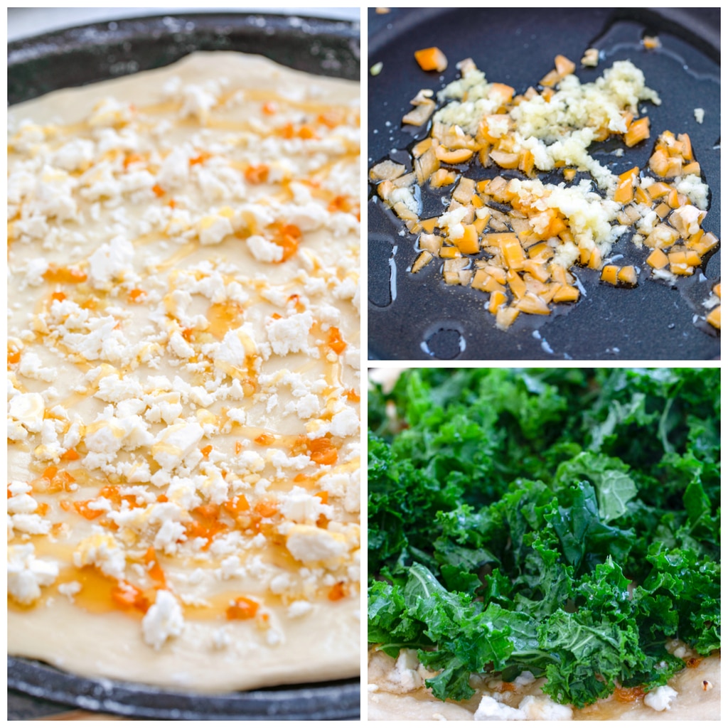 Collage showing process for making kale flatbread pizza withe one image showing habanero and garlic sauteing in pan, one image showing dough round covered in habanero and feta cheese, and one image showing kale on top of pizza before being baked