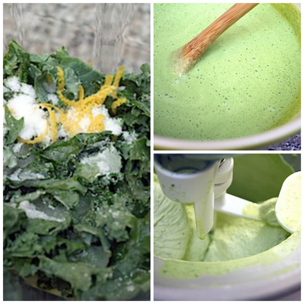 Collage showing ice cream making process with kale, lemon, and ice cream base