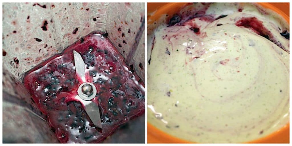 Collage showing ice cream making process with blueberry being swirled into ice cream