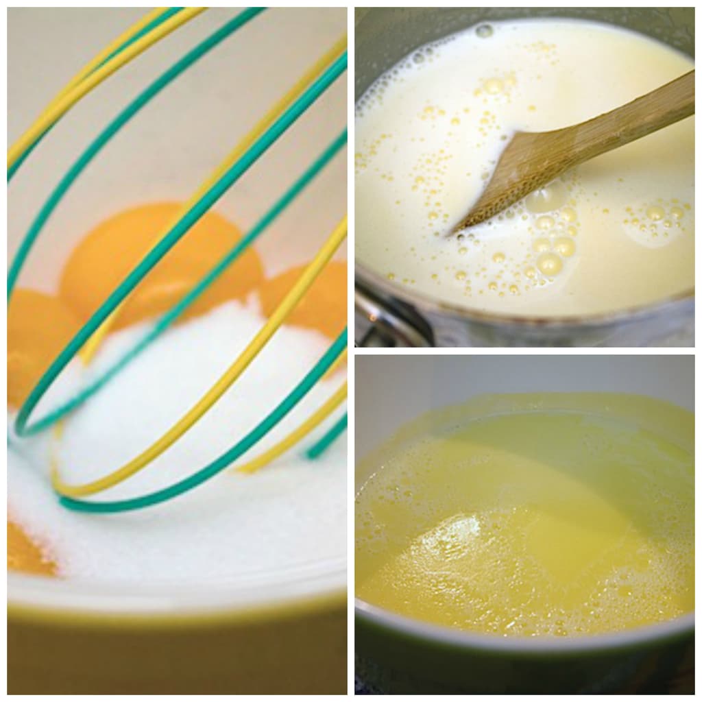 Collage showing ice cream making process with egg yolks, sugar, milk, and cream