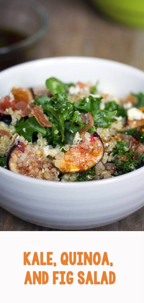 Lemony Kale, Quinoa, and Fig Salad -- This kale fig salad is tossed with prosciutto and gorgonzola and is satisfying enough to be enjoyed as a meal | wearenotmartha.com #figs #kale #salad