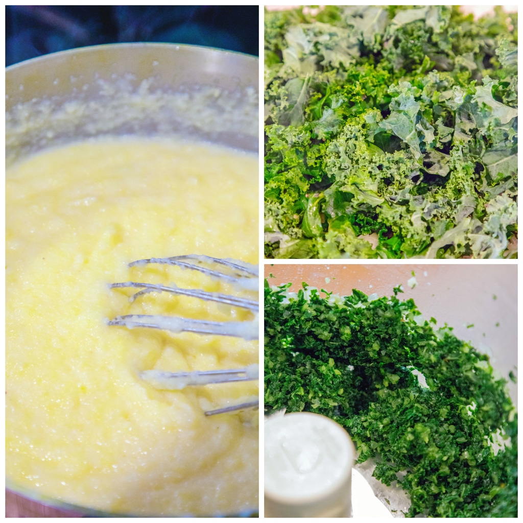 Collage showing kale polenta making process, including kale being sauted, kale and onion in food processor, and polenta being stirred in pot