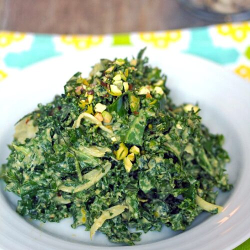 Chopped Kale Salad with Pistachio Dressing -- This is officially the best kale salad ever. An incredibly easy-to-make side dish or appetizer, this kale salad will drive any kale lover crazy and will turn any anti-kale-er into a full-on kale fanatic | wearenotmartha.com