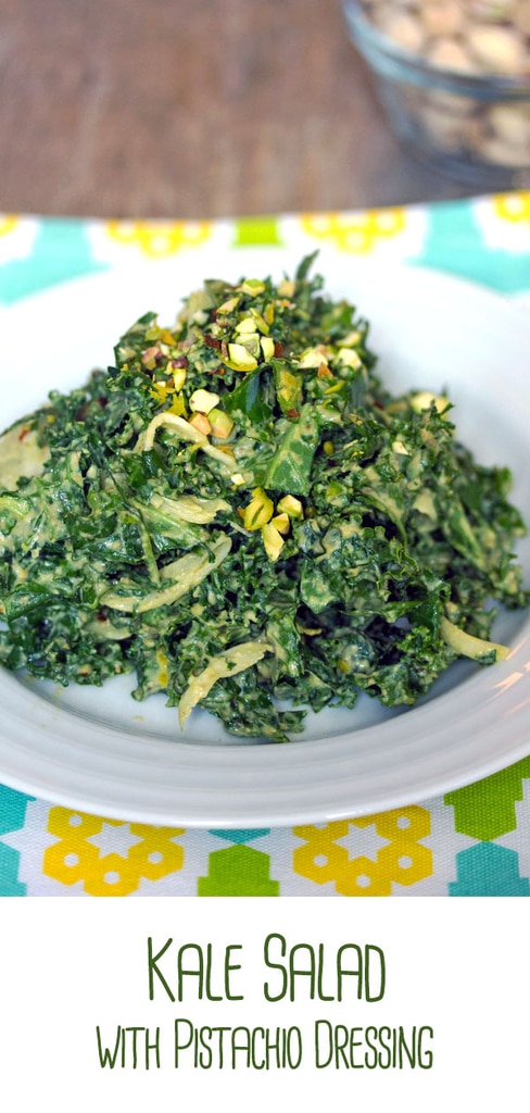Chopped Kale Salad with Pistachio Dressing -- This is officially the best kale salad ever. An incredibly easy-to-make side dish or appetizer, this kale salad will drive any kale lover crazy and will turn any anti-kale-er into a full-on kale fanatic | wearenotmartha.com #kale #salad #pistachios #healthy #kale salad