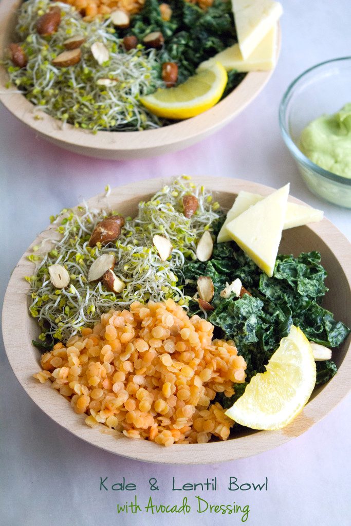 Kale and Lentil Bowl with Avocado Dressing -- A healthy, but satisfying salad! | wearenotmartha.com