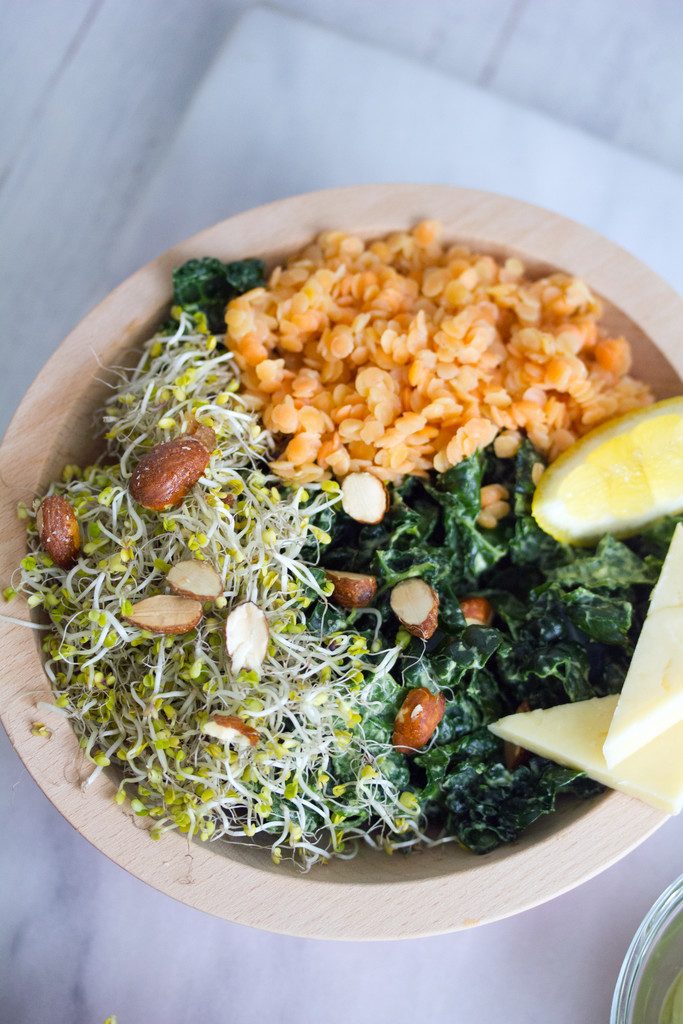 Kale and Lentil Bowl with Avocado Dressing -- A healthy, but satisfying salad! | wearenotmartha.com