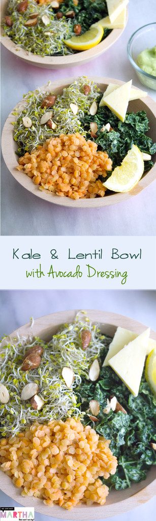 Kale and Lentil Bowl with Avocado Dressing -- A healthy, but satisfying salad! | wearenotmartha.com