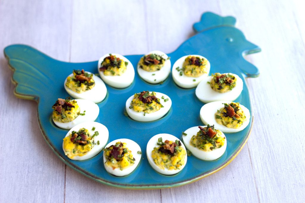 Kale and Bacon Deviled Eggs -- Some of my favorite things in one perfect appetizer | wearenotmartha.com