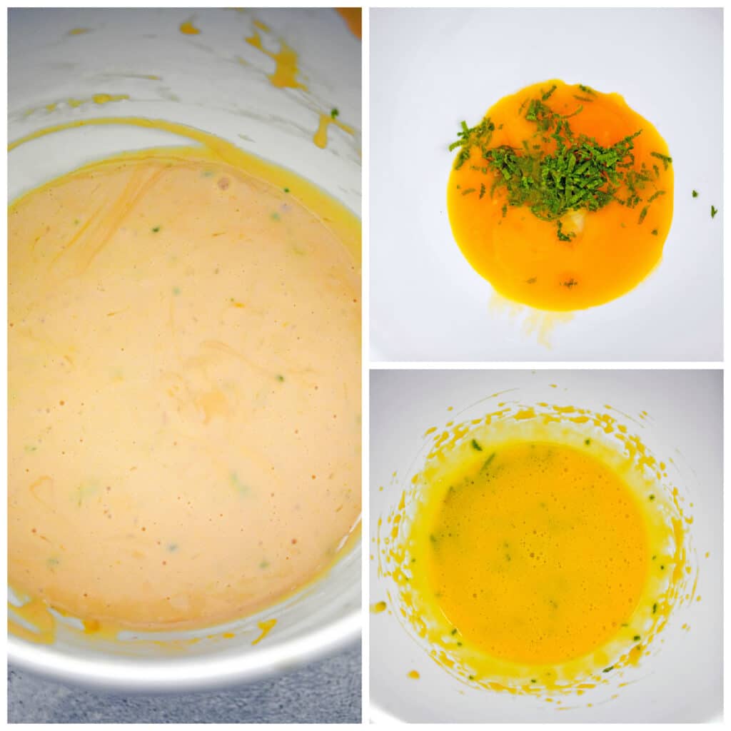 Collage showing process for making bar filling, including egg yolks and lime zest being mixed together and mixture with key lime juice and condensed milk