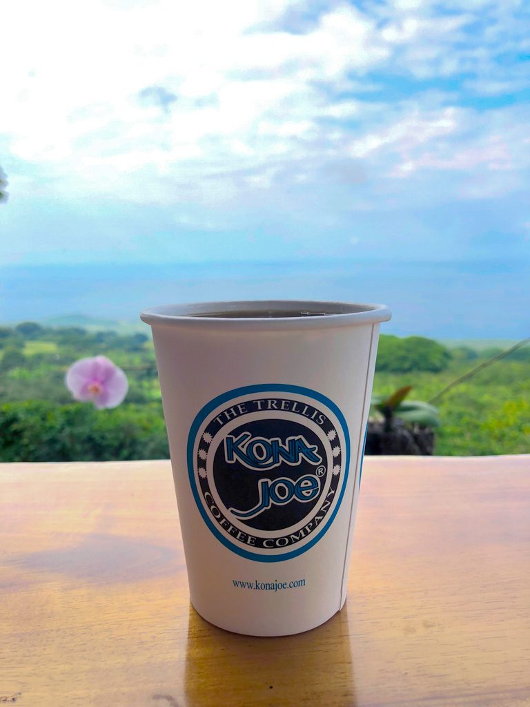 Cup of coffee at Kona Joe's in Kona on the Big Island of Hawaii with beautiful blue sky background