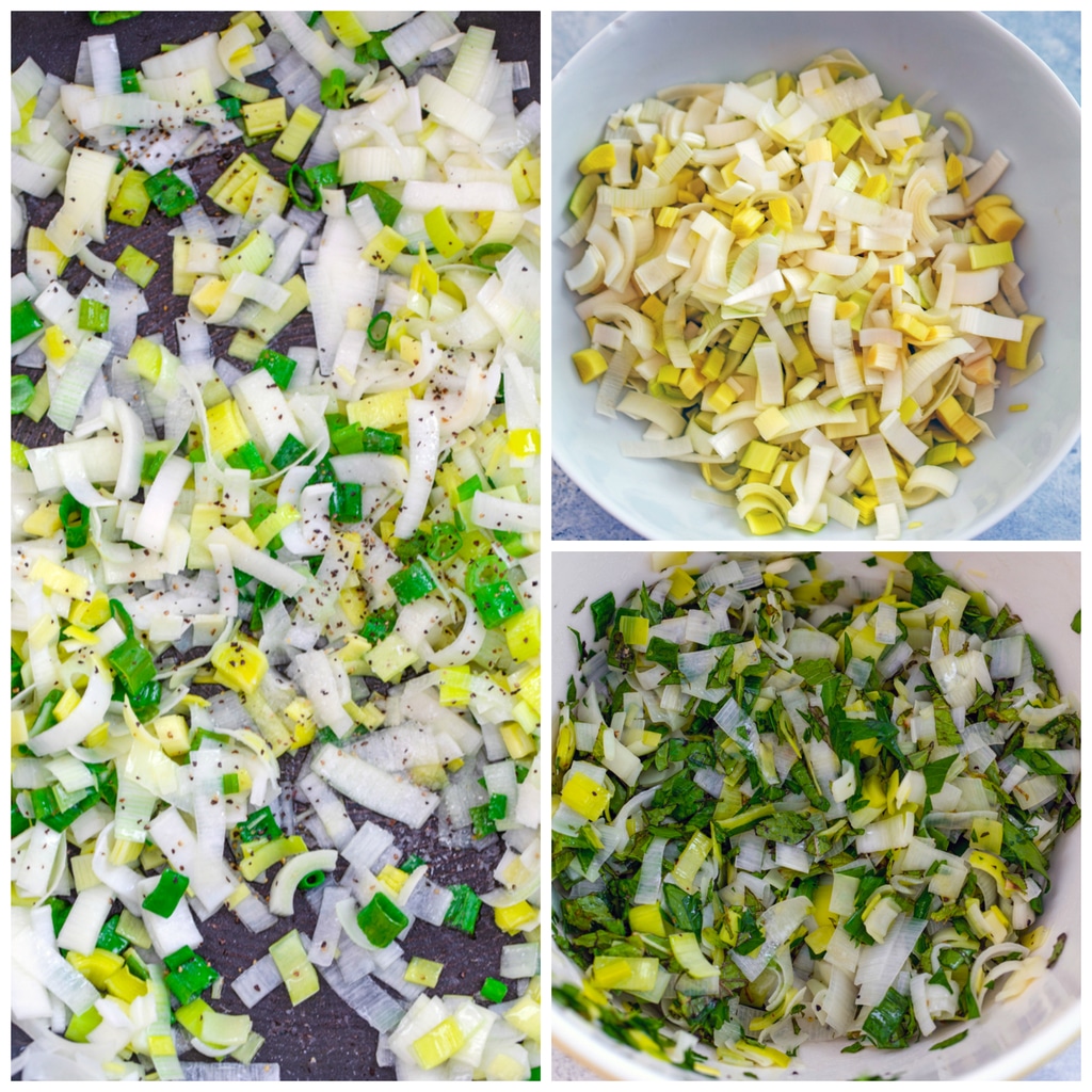 Collage showing process for making leek, scallion, and mint mixture for lamb flatbread