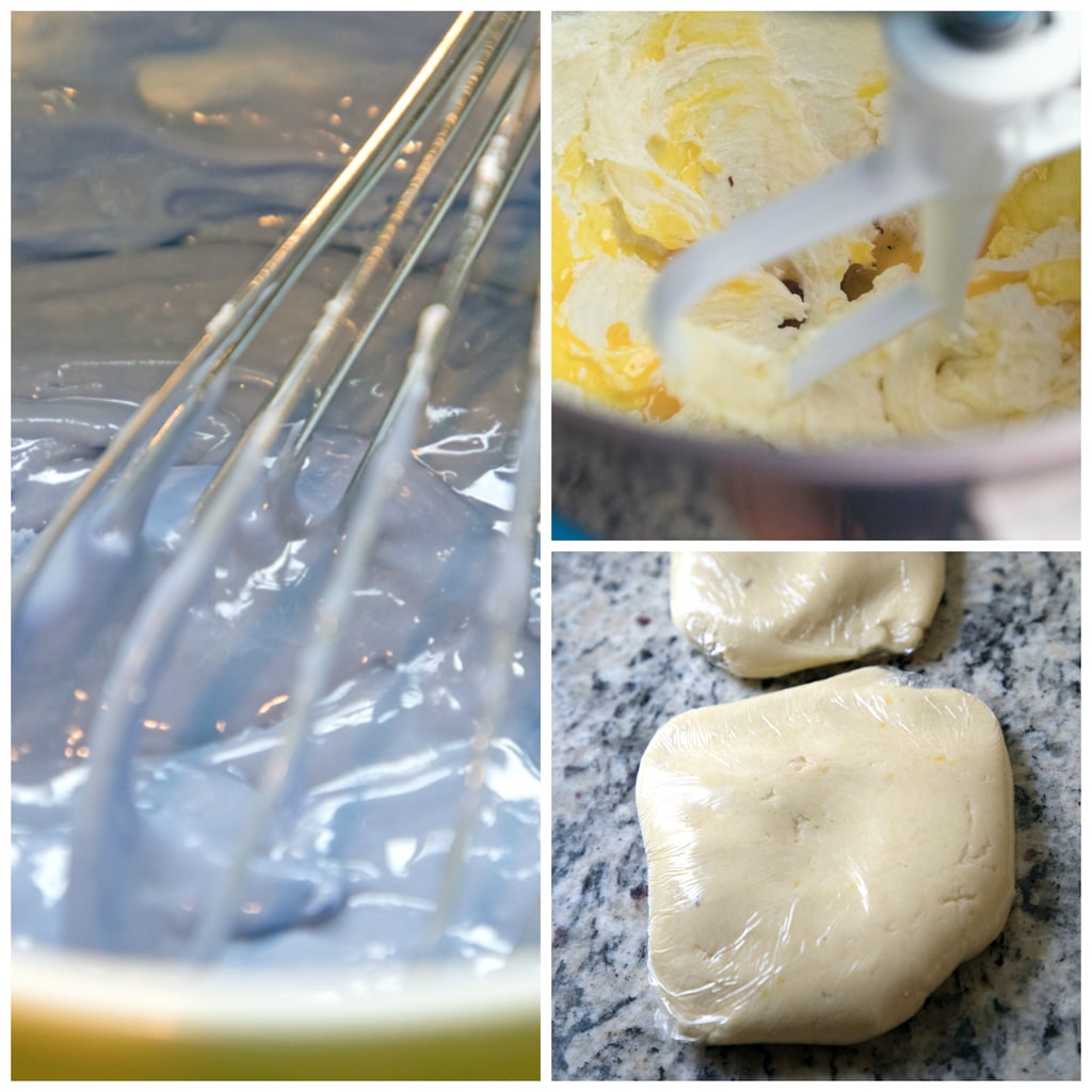 Various steps in making Lavender Lemonade Cookies, including the cookie dough and lavender icing