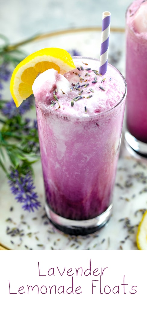 Lavender Lemonade Floats -- Made with lavender simple syrup, lemon sorbet, coconut milk, and soda water, these Lavender Lemonade Floats are both pretty and refreshingly yummy! | wearenotmartha.com