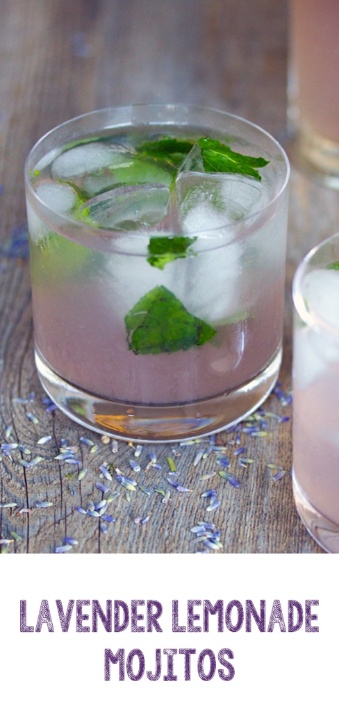 lavender Lemonade mojitos -- made with a lavender Simple Syrup and homemade Lemonade muddled with mint, these lavender Lemonade mojitos are the pretty color and make for the perfect summer cocktail | wearenotmartha.com #cocktail #lavender #lemonade #mojitos