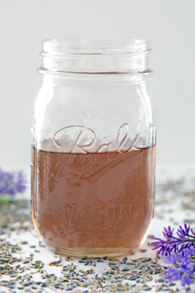 Head-on view of a mason jar filled with lavender simple syrup with lavender all around