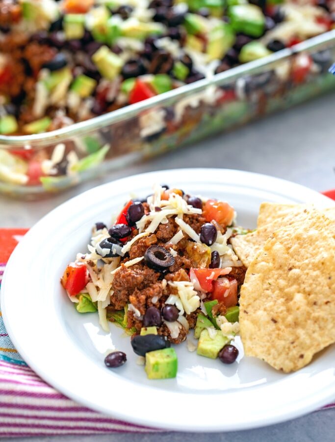 Layered Taco Salad -- Think layered taco salads are just for parties? Think again! This salad features layers of lettuce, beef, tomatoes, avocados, black beans, cheese, and olives and makes for the most delicious dinner | wearenotmartha.com