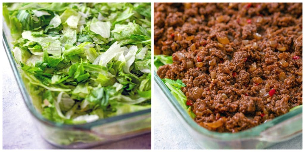 Collage with one photo showing baking dish with lettuce layered on bottom and one photo with beef layered over lettuce