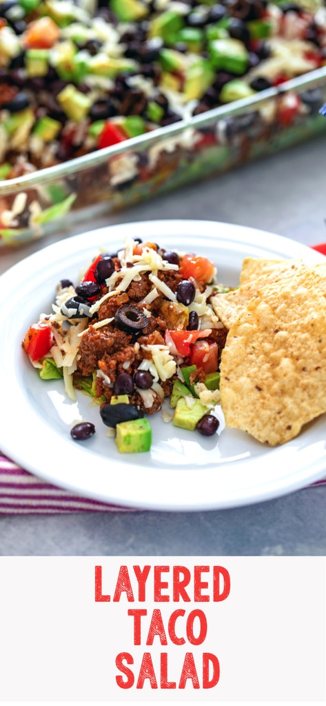 Layered Taco Salad -- Think layered taco salads are just for parties? Think again! This salad features layers of lettuce, beef, tomatoes, avocados, black beans, cheese, and olives and makes for the most delicious dinner | wearenotmartha.com #tacos #salad #tacosalad #dinner