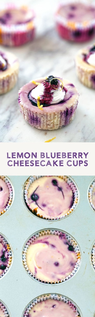 Lemon Blueberry Cheesecake Cups -- These cheesecake cups practically scream spring with their vibrant colors and bright flavors. They can be assembled and baked quickly and topped with whipped cream, blueberry sauce, and lemon zest for an extra touch | wearenotmartha.com #cheesecake #cheesecakecups #lemon #blueberries #dessert