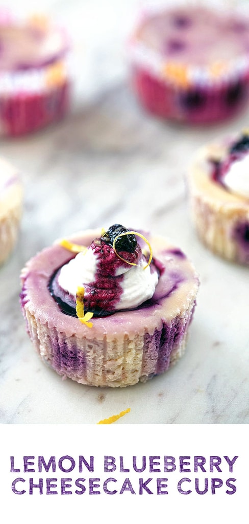 Lemon Blueberry Cheesecake Cups -- These cheesecake cups practically scream spring with their vibrant colors and bright flavors. They can be assembled and baked quickly and topped with whipped cream, blueberry sauce, and lemon zest for an extra touch | wearenotmartha.com #cheesecake #cheesecakecups #lemon #blueberries #dessert