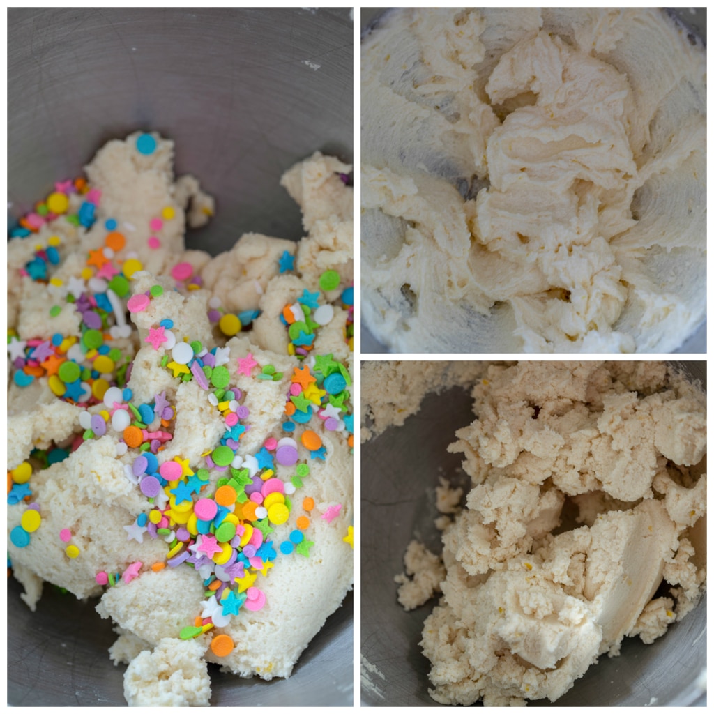 Collage showing butter in sugar in mixer bowl, cookie dough in mixer bowl, and cookie dough with sprinkles in mixer bowl