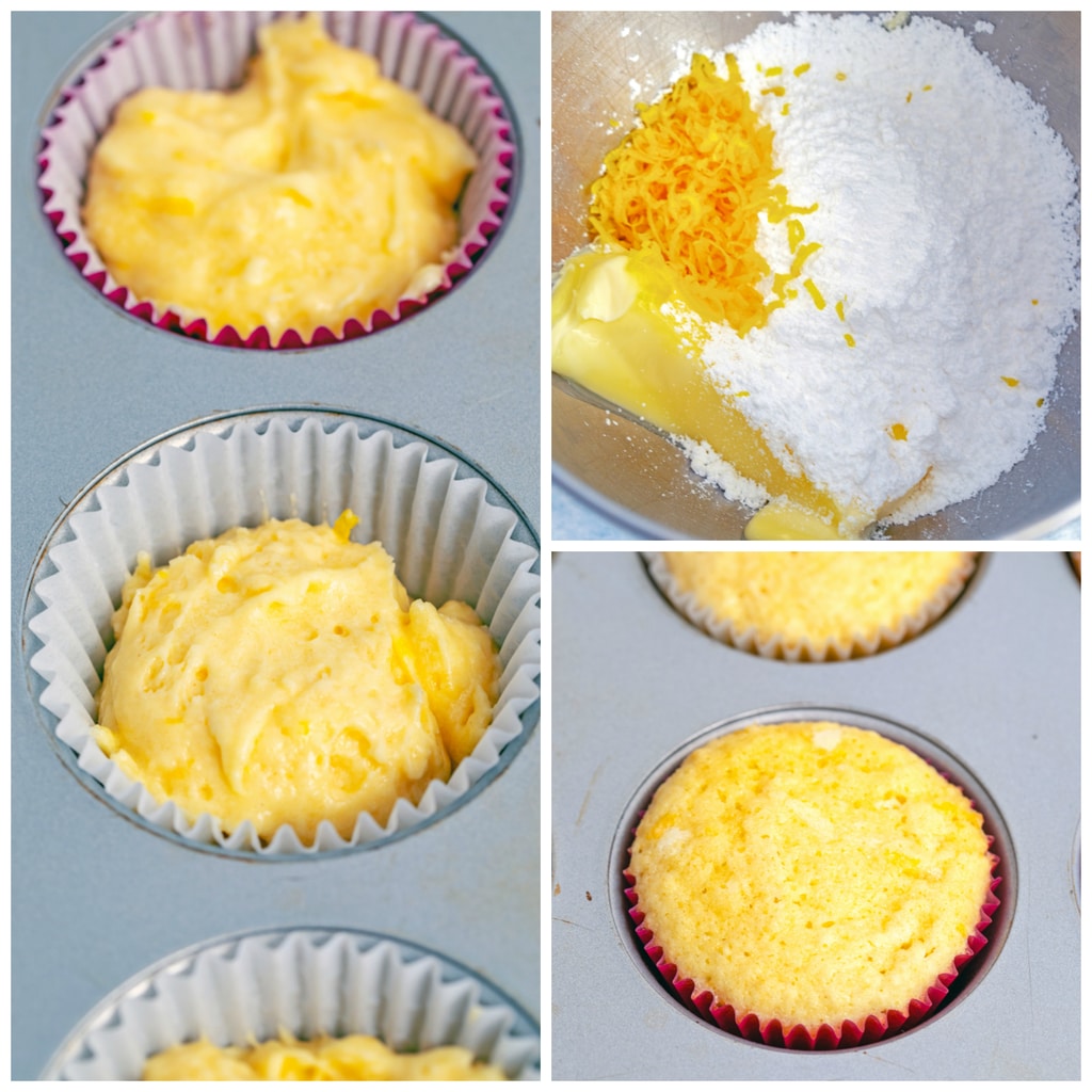 Collage showing process for making lemon cupcakes, including butter, lemon zest, and confectioners' sugar in a mixing bowl; lemon cupcake batter in baking tin; and lemon cupcakes baked and just out of the oven