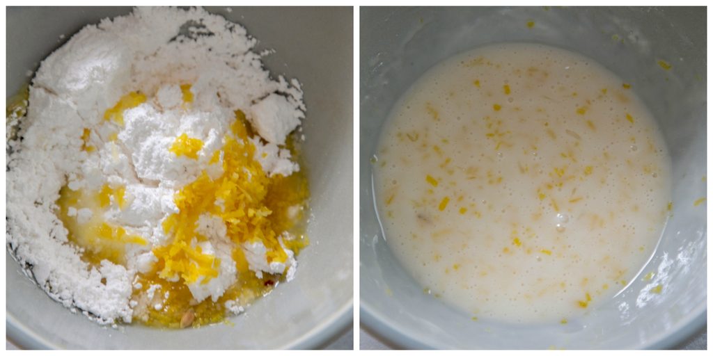 Collage showing lemon glaze making process, including powdered sugar, lemon juice, and zest in bowl and all ingredients whisked together in bowl