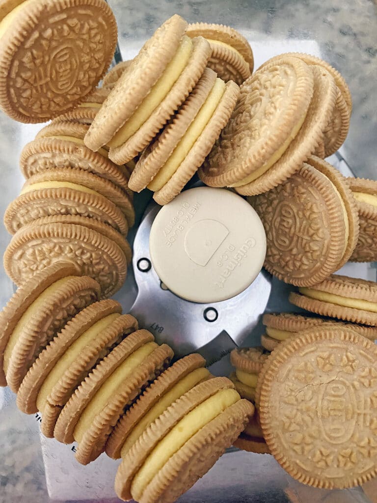 Overhead view of Lemon Oreo Cookies in food processor