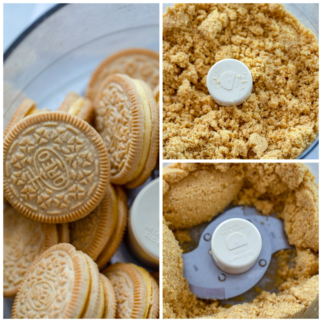 Collage showing cookies in the food processor, cookies crumbled in the food processor, and cookie crumbles with butter mixed in