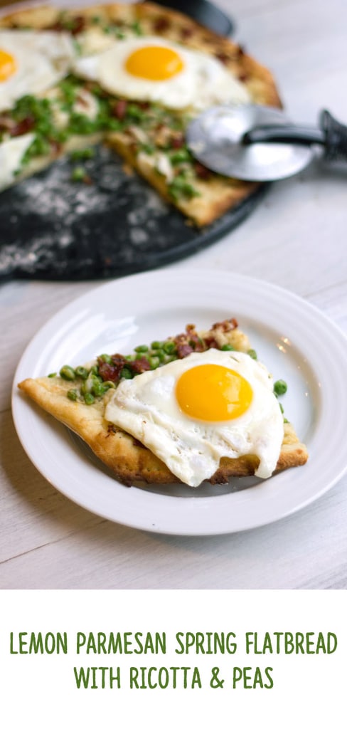 Lemon Parmesan Spring Flatbread with Ricotta and Peas -- This versatile spring flatbread features lots of delightful seasonal favorites, a lemon parmesan crust, and eggs on top | wearenotmartha.com #flatbread #spring #ricotta #lemon #parmesan
