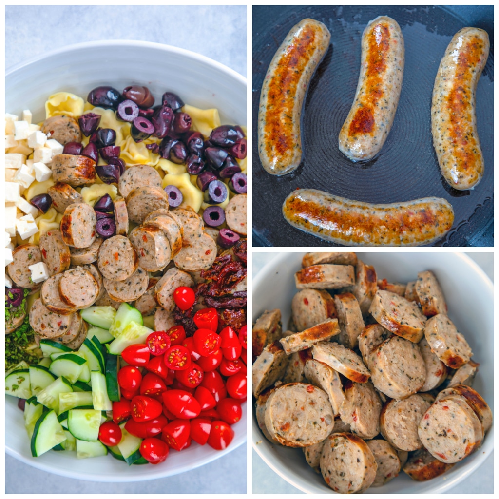 Collage showing process for making lemon Greek tortellini salad with chicken sausage, including sausages browning in sauté pan, sausages sliced in bowl, and all ingredients in a big white bowl before being tossed