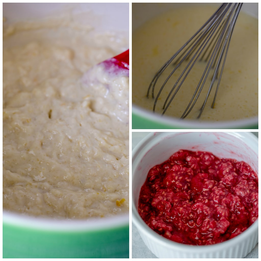 Collage showing making of lemon waffle sandwiches including buttermilk, eggs, and butter mixed together, waffle batter in a bowl, and raspberry spread in a white bolwl