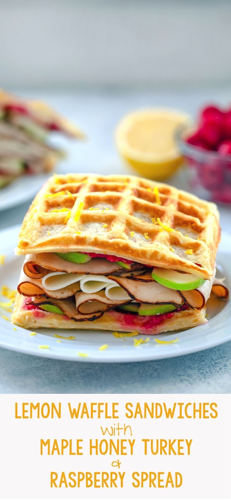 Lemon Waffle Sandwiches with Maple Honey Turkey and Raspberry Spread -- These Lemon Waffle Sandwiches are loaded with maple honey turkey, provolone cheese, and green apples, with a simple raspberry spread. They're perfect for enjoying during a late summer's picnic or any time of year | wearenotmartha.com #waffles #sandwiches #turkey #apples #raspberry