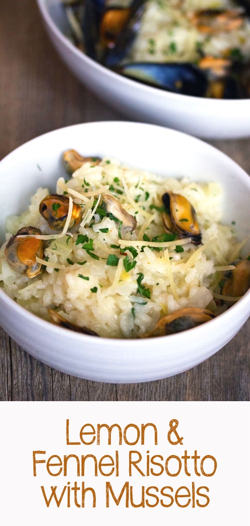 Lemon and Fennel Risotto with Mussels -- Mussels are nice when served with bread or frites, but this lemon and fennel risotto with mussels is a complete meal that will satisfy all your comfort food cravings | wearenotmartha.com #risotto #mussels #fennel #comfortfood