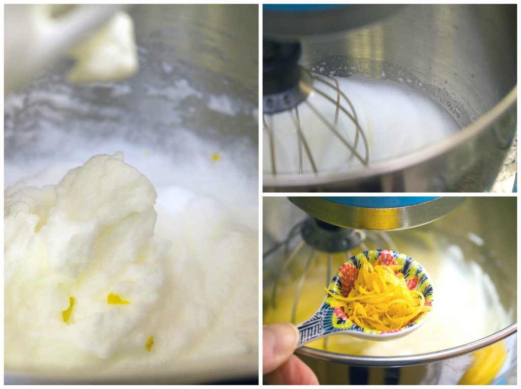Collage showing process for making lemonade macarons, including egg whites whisked to stiff peaks and lemon zest being added into egg white mixture
