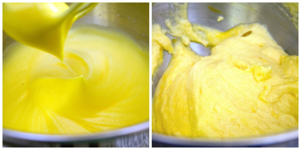 Collage showing making of lemonade macarons, including yellow egg whites being whisked into stiff peaks and egg whites with almond flour mixture stirred in