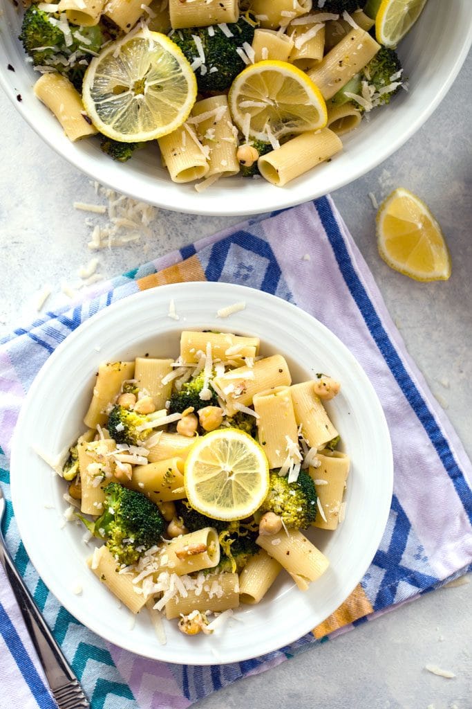 Lemon Broccoli and Chickpea Rigatoni -- This pasta dish is the perfect busy weekend or Meatless Monday recipe, but it's also stunning enough to serve as a side dish at a dinner party | wearenotmartha.com