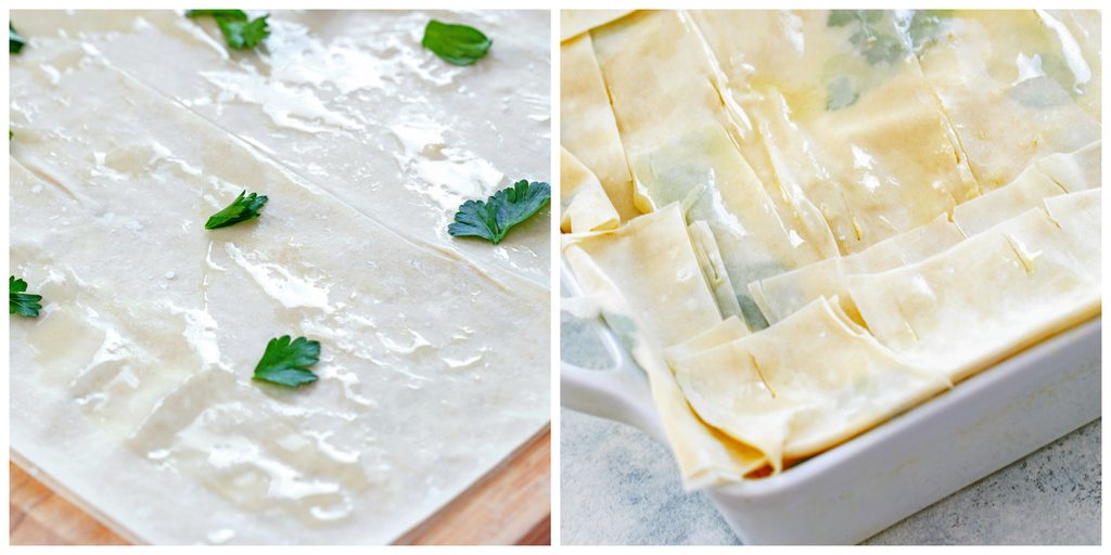 Collage showing process for topping chicken pot pie with phyllo dough crust, including brushing phyllo layers with butter and sprinkling with parsley and topping on baking dish