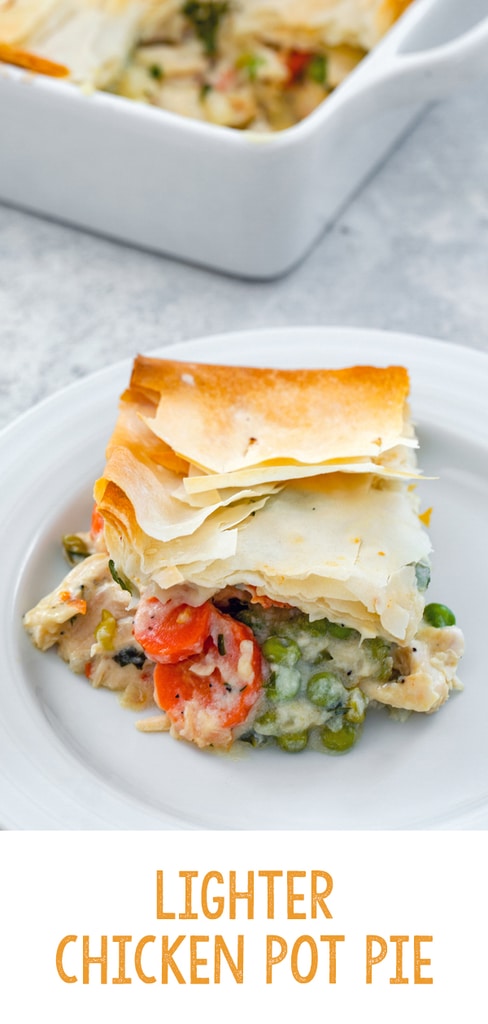 Lighter Chicken Pot Pie -- This Lighter Chicken Pot Pie is packed with all the good stuff and topped with a buttery phyllo dough crust. A little bit healthier than the original, but just as tasty! | wearenotmartha.com #chickenpotpie #healthier #lighter #dinners
