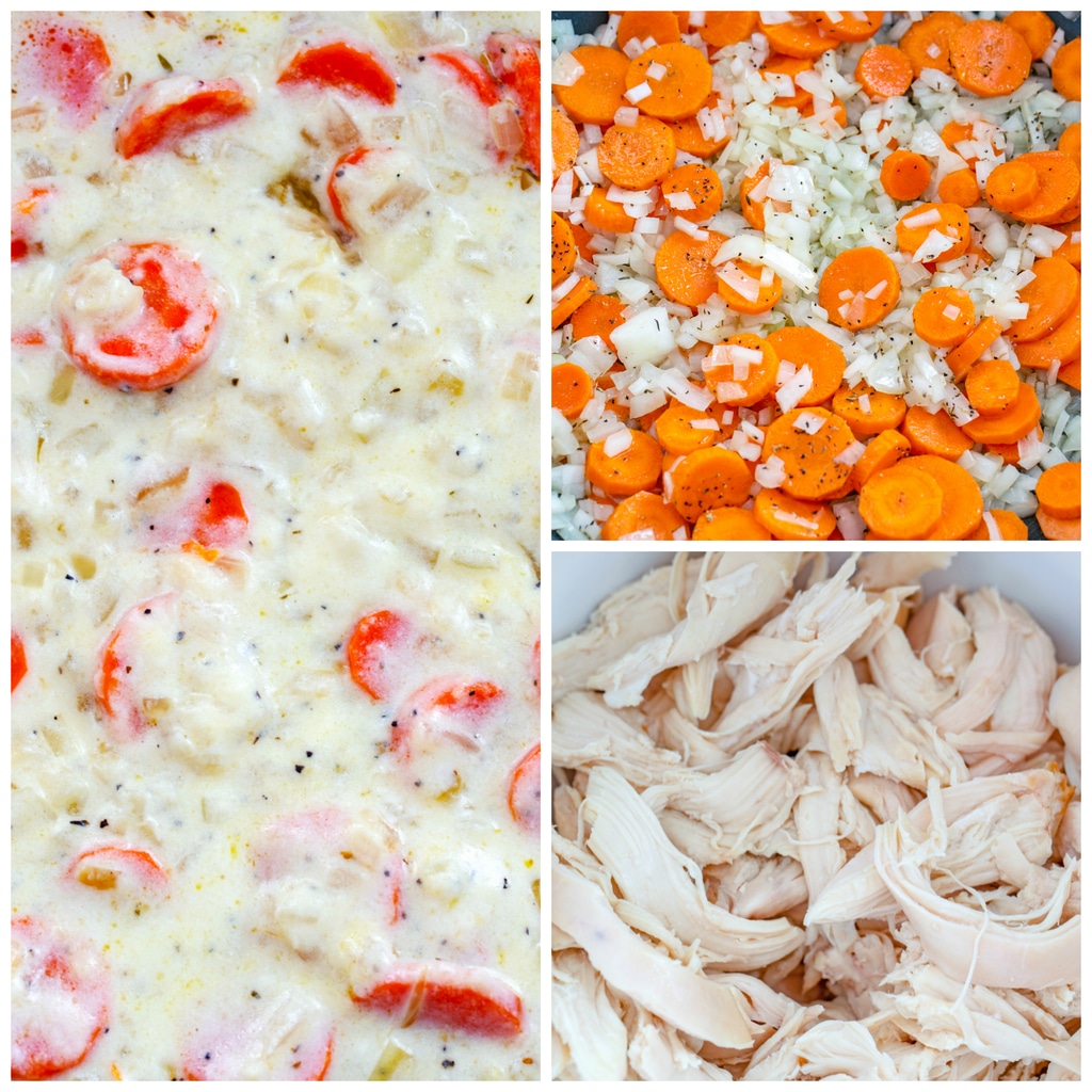 Collage showing process for making lighter chicken pot pie, including shredded chicken in a bowl, carrots and onions cooking in a pan, and creamy chicken pot pie filling mixture simmering in a pan