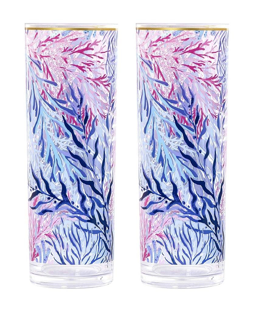 Purple and pink Lilly Pulitzer cocktail glasses