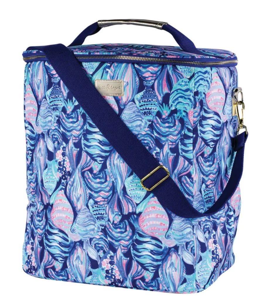 Head-on view of brightly colored Lily Pulitzer insulated wine cooler