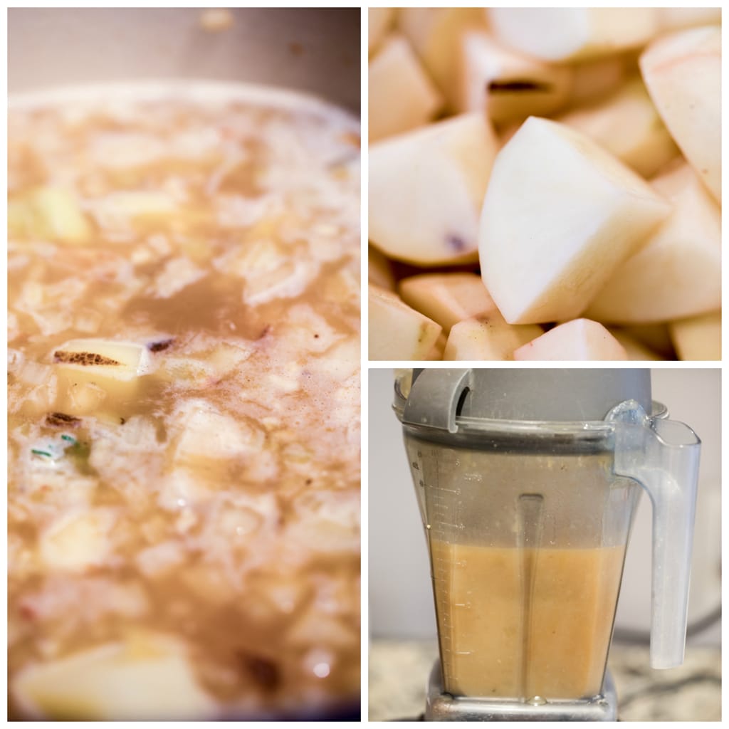 Collage showing potatoes chopped, potatoes and onions simmering in broth, and potato mixture being pureed in blender